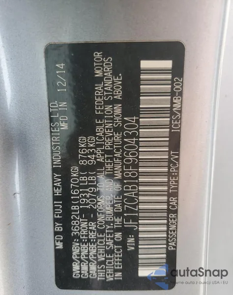 2015 Subaru Brz 2.0 Premium из США, поврежденный, VIN JF1ZCAB18F9604304